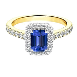 Two Tone Halo Emerald Sapphire Ring 3 Carats Diamond Accents