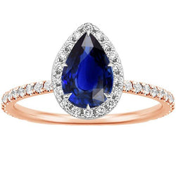Two Tone Halo Ring Pear Blue Sapphire & Natural Earth Mined Diamonds 4 Carats Jewelry