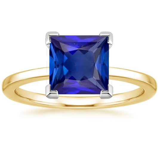 Two Tone Solitaire Gemstone Ring Princess Cut Ceylon Sapphire 5 Carats - Gemstone Ring-harrychadent.ca