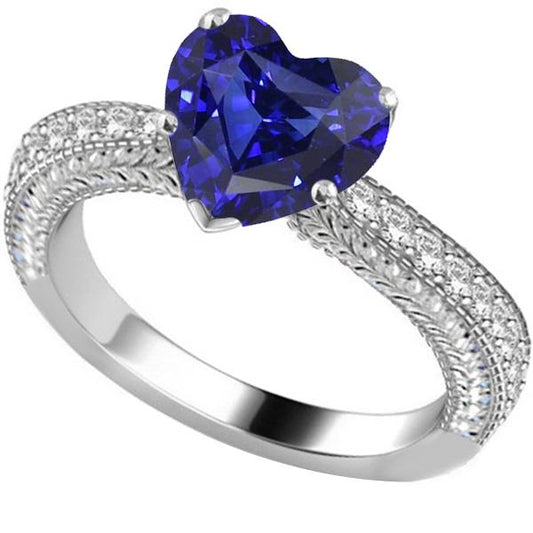 Vintage Style Diamond Ring 4 Carats Natural Blue Sapphire Heart Cut - Gemstone Ring-harrychadent.ca