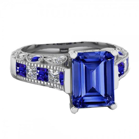 Vintage style Emerald Cut Ceylon Sapphire Diamond Ring 11.50 Carats - Gemstone Ring-harrychadent.ca