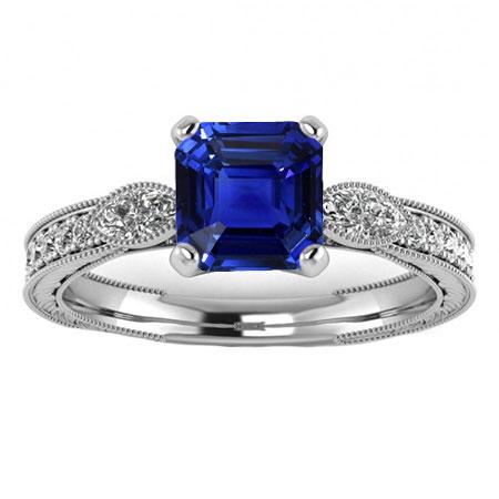 Vintage Style Gemstone Ring Asscher Blue Sapphire With Accents 3 Carat - Gemstone Ring-harrychadent.ca