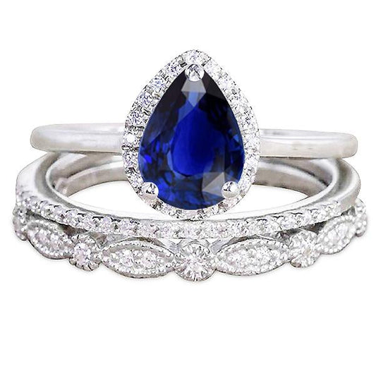 Vintage Style Halo Wedding Ring Pear Cut Blue Sapphire Set 3.50 Carats - Gemstone Ring-harrychadent.ca
