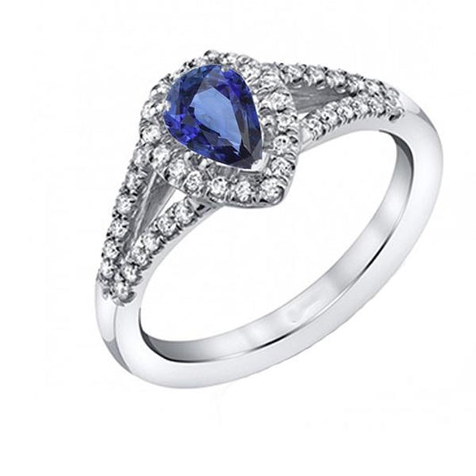 Wedding Halo Ring Pear Ceylon Sapphire Double Shank 2.50 Carats - Gemstone Ring-harrychadent.ca