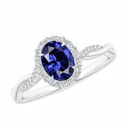 White Natural Earth Mined Diamond Halo Ring Blue Sapphire Twisted Shank 5 Carats