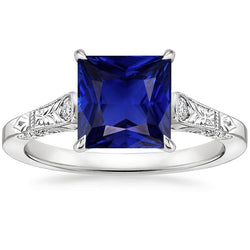 White Gold 3 Stone Natural Earth Mined Diamond & Princess Blue Sapphire Ring 5.25 Carats
