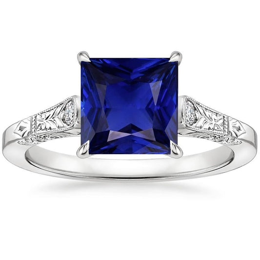 White Gold 3 Stone Diamond & Princess Blue Sapphire Ring 5.25 Carats - Gemstone Ring-harrychadent.ca