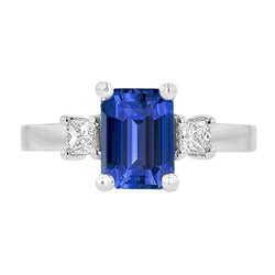 White Gold 3 Stone Ring Blue Sapphire & Princess Natural Earth Mined Diamonds 2.50 Carats