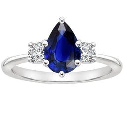 White Gold 3 Stone Ring Pear Ceylon Sapphire & Diamonds 3.50 Carats