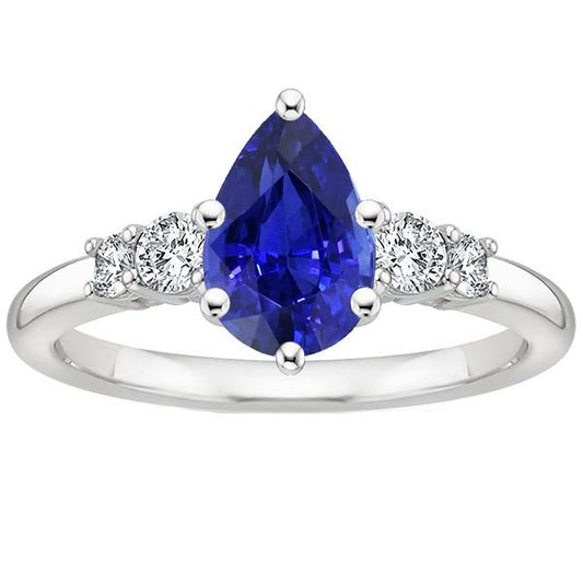 White Gold 5 Stone Ring Round Diamond & Pear Blue Sapphire 3.25 Carats - Gemstone Ring-harrychadent.ca