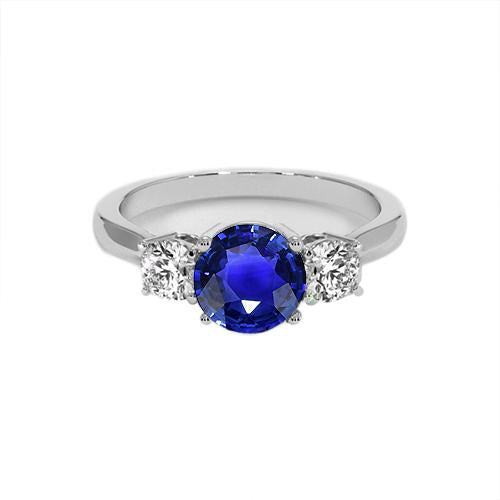 White Gold Blue Sapphire & Round Diamond 3 Stone Ring 5 Carats 14K - Gemstone Ring-harrychadent.ca