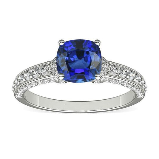 White Gold Diamond Blue Sapphire Engagement Ring Prong Set 3.50 Carats - Gemstone Ring-harrychadent.ca