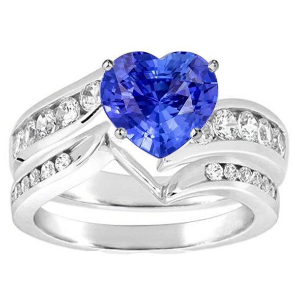 White Gold Diamond Engagement Heart Blue Sapphire Ring Set 4 Carats - Gemstone Ring-harrychadent.ca