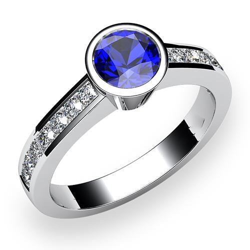 White Gold Diamond Ring 2 Carat Round Bezel Set Blue Sapphire Gemstone - Gemstone Ring-harrychadent.ca