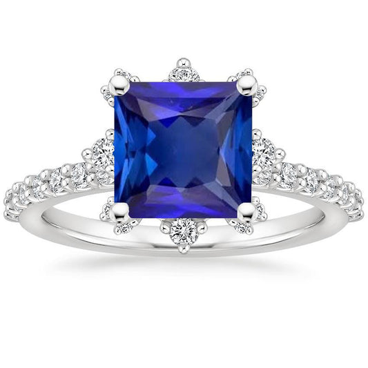 White Gold Diamond Ring Halo Ceylon Sapphire With Accents 6.25 Carats - Gemstone Ring-harrychadent.ca