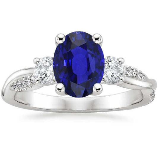 White Gold Diamond Ring Oval Blue Sapphire 3 Stone Style 6.50 Carats - Gemstone Ring-harrychadent.ca