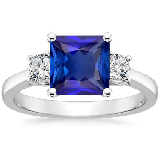 White Gold Diamond Ring Princess Ceylon Sapphire 3 Stone 5.50 Carats - Gemstone Ring-harrychadent.ca