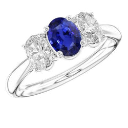 White Gold Natural Earth Mined Diamond Three Stone Ring Oval Blue Sapphire 2.50 Carats