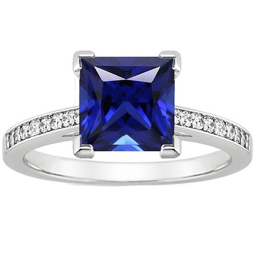 White Gold Engagement Ring Princess Blue Sapphire & Diamond 4 Carats - Gemstone Ring-harrychadent.ca