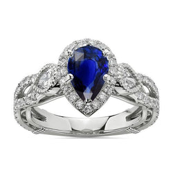 White Gold Halo Blue Sapphire Ring & Natural Earth Mined Diamonds 4 Carats