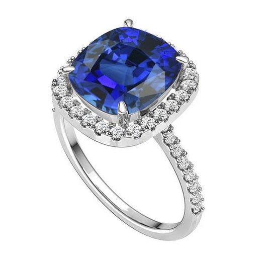 White Gold Halo Cushion Srilanka Sapphire Ring 4.50 Carats Jewelry - Gemstone Ring-harrychadent.ca