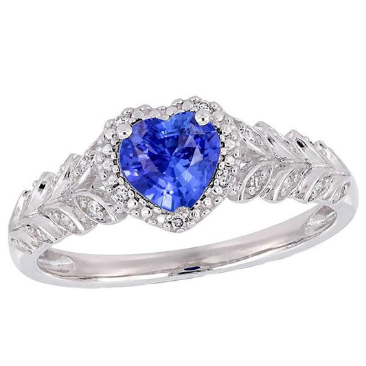 White Gold Halo Heart Blue Sapphire Ring Leaf Style 2.50 Carats - Gemstone Ring-harrychadent.ca