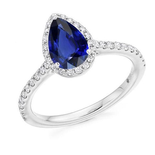 White Gold Halo Pear Sri Lankan Sapphire Ring 3.50 Carats Diamonds - Gemstone Ring-harrychadent.ca