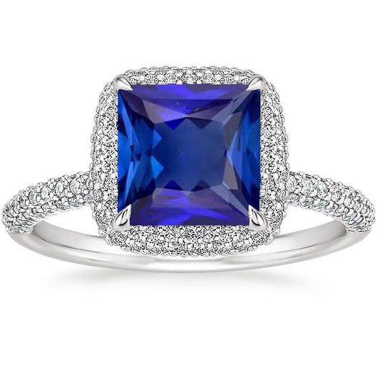 White Gold Halo Ring 6.50 Carats Princess Blue Sapphire With Accents - Gemstone Ring-harrychadent.ca