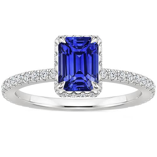 White Gold Halo Ring Emerald Blue Sapphire & Diamond 4.25 Carats - Gemstone Ring-harrychadent.ca