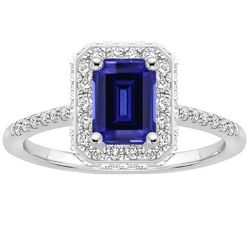 White Gold Halo Ring Emerald Ceylon Sapphire & Diamond 4.25 Carats - Gemstone Ring-harrychadent.ca