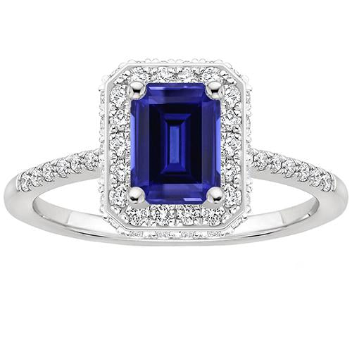 White Gold Halo Ring Emerald Ceylon Sapphire & Diamond 4.25 Carats - Gemstone Ring-harrychadent.ca