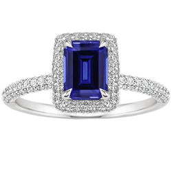 White Gold Halo Ring Emerald Sri Lankan Sapphire & Natural Earth Mined Diamond 4.50 Carats