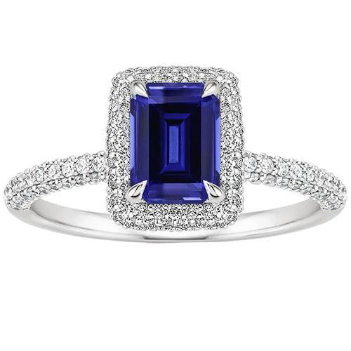 White Gold Halo Ring Emerald Sri Lankan Sapphire & Diamond 4.50 Carats - Gemstone Ring-harrychadent.ca