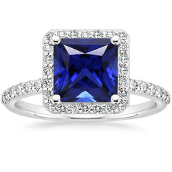 White Gold Halo Ring Princess Sri Lankan Sapphire & Natural Earth Mined Diamonds 6 Carats