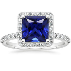 White Gold Halo Ring Princess Sri Lankan Sapphire & Diamonds 6 Carats