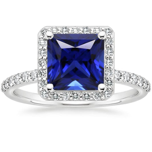 White Gold Halo Ring Princess Sri Lankan Sapphire & Diamonds 6 Carats - Gemstone Ring-harrychadent.ca