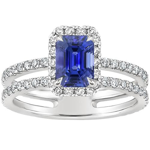 White Gold Halo Ring Radiant Blue Sapphire & Diamond 5 Carats - Gemstone Ring-harrychadent.ca