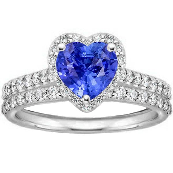 White Gold Halo Wedding Ring Heart Sapphire Double Shank 3.50 Carats - Gemstone Ring-harrychadent.ca