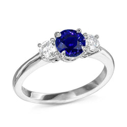 White Gold Three Stone Ceylon Sapphire Ring & Round Natural Earth Mined Diamonds 2 Carats