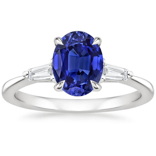 White Gold Three Stone Ring Ceylon Sapphire & Diamonds 2.50 Carats - Gemstone Ring-harrychadent.ca