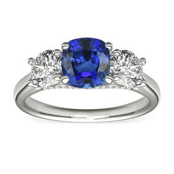 Women 3 Stone Ring Cushion Blue Sapphire & Round Diamonds 2.50 Carats