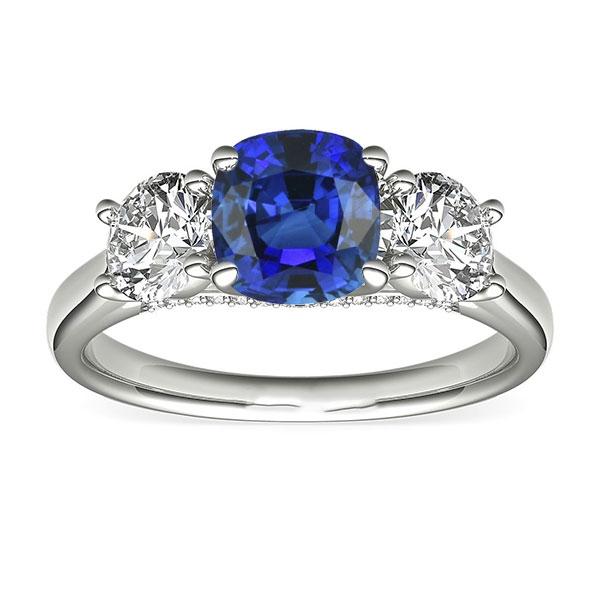 Women 3 Stone Ring Cushion Blue Sapphire & Round Diamonds 2.50 Carats - Gemstone Ring-harrychadent.ca