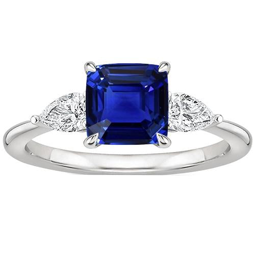 Women 3 Stone Ring Pear Diamond & Cushion Ceylon Sapphire 2.75 Carats - Gemstone Ring-harrychadent.ca
