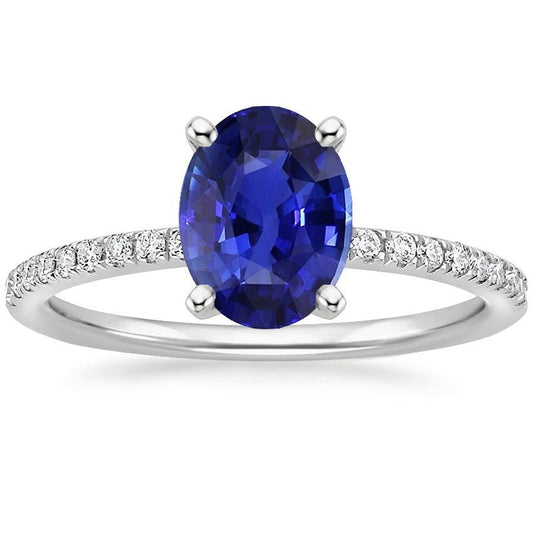 Women Blue Sapphire Ring Oval Cut With Pave Set Diamonds 4.50 Carats - Gemstone Ring-harrychadent.ca