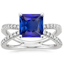 Women Natural Earth Mined Diamond Engagement Ring 6.25 Carat Blue Sapphire Princess Center