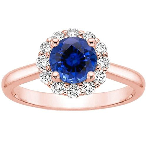 Women Diamond Halo Ring Flower Style Blue Sapphire 3 Carats Rose Gold - Gemstone Ring-harrychadent.ca