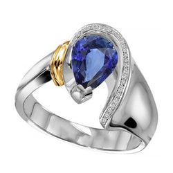 Women Natural Earth Mined Diamond Ring 2 Carats Pear Cut Blue SriLankan Sapphire Two Tone
