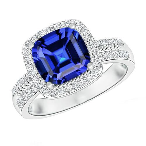 Women Diamond Ring Cushion Halo Blue Sapphire With Accents 4.50 Carats - Gemstone Ring-harrychadent.ca