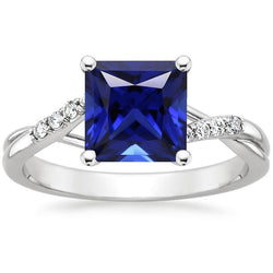 Women Natural Earth Mined Diamond Ring Princess Blue Sapphire Twisted Shank 5.25 Carats