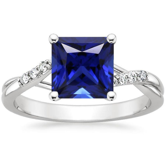 Women Diamond Ring Princess Blue Sapphire Twisted Shank 5.25 Carats - Gemstone Ring-harrychadent.ca